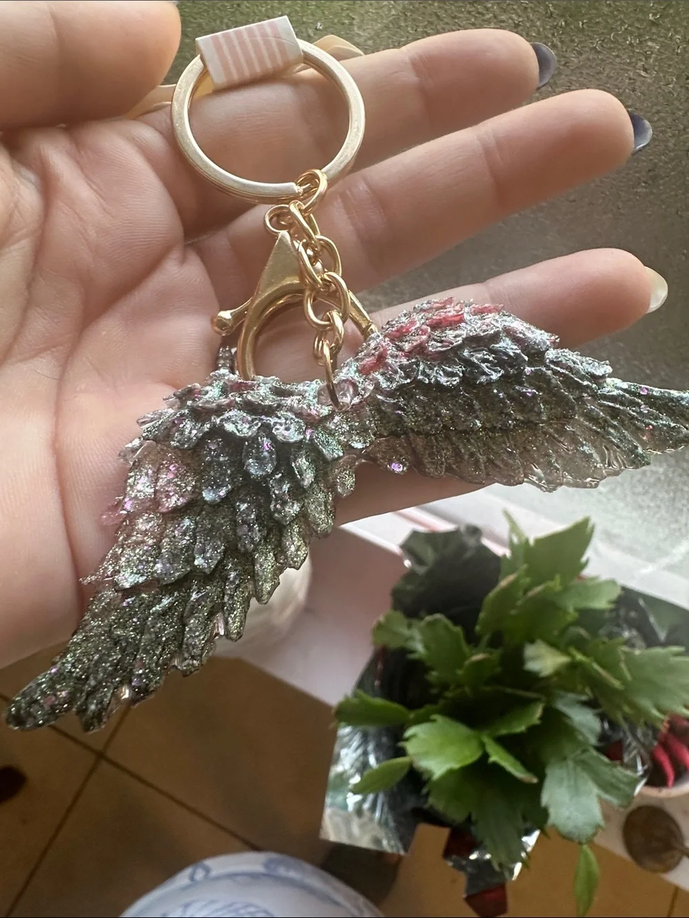 Angel Wing Keychain - Shimmering Pink & Green